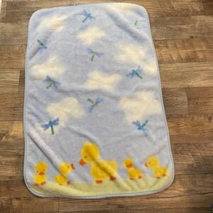 Carters Baby Blanket Blue Yellow Ducklings Dragonfly Fleece Plush Nursery 44x30